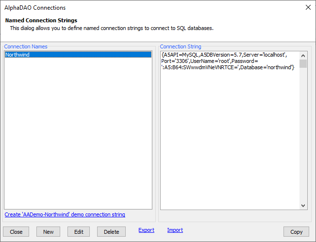 The Northwind AlphaDAO connection string for MySQL